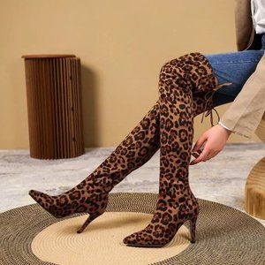 New Leopard Print Pointed Toe Sexy Stiletto Over Knee Stretch Boots